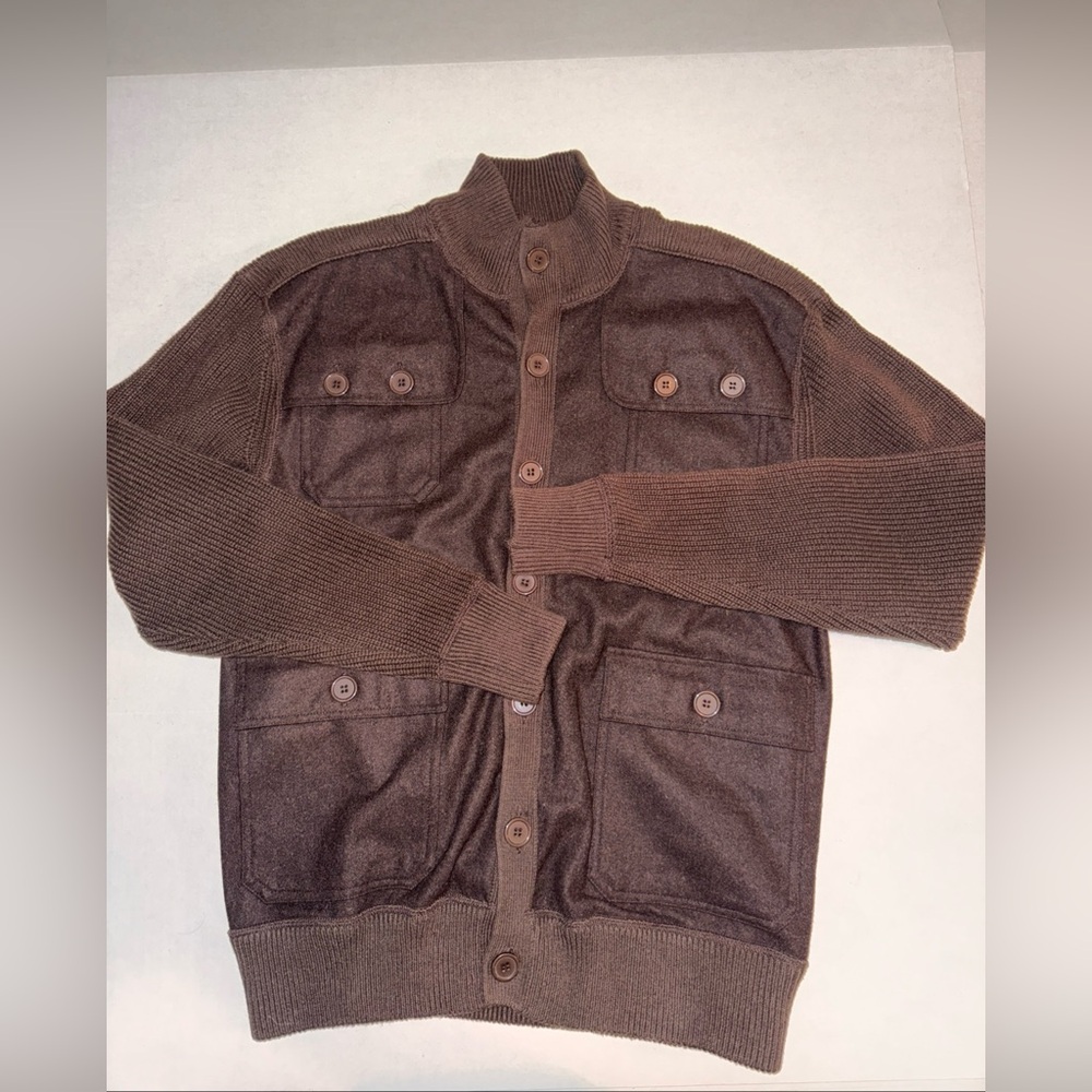 Lavane New York Brown Tight Knit Long Sleeve Button Up Sweater Men Size Large